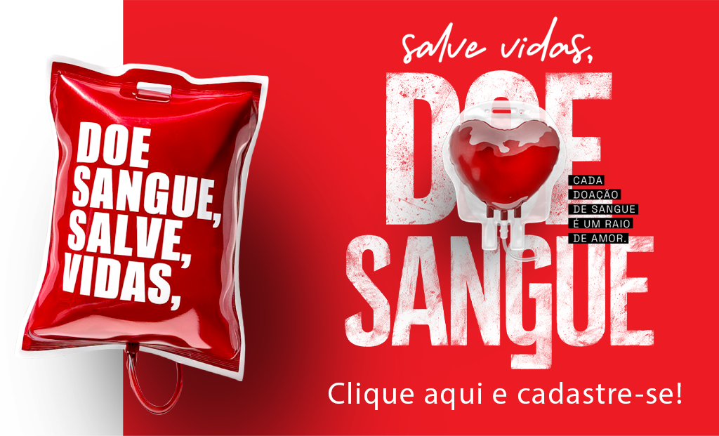 Imagem com uma bolsa de sangue e um texto para incentivar novos doadores de sangue